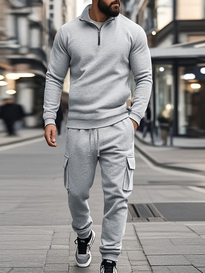 Herr Retro Sportset - Half-Zip Sweatshirt &amp; Arbetsbyx - Grå