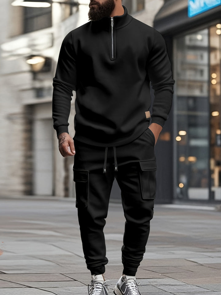Herr Retro Sportset - Half-Zip Sweatshirt &amp; Arbetsbyx - Svart