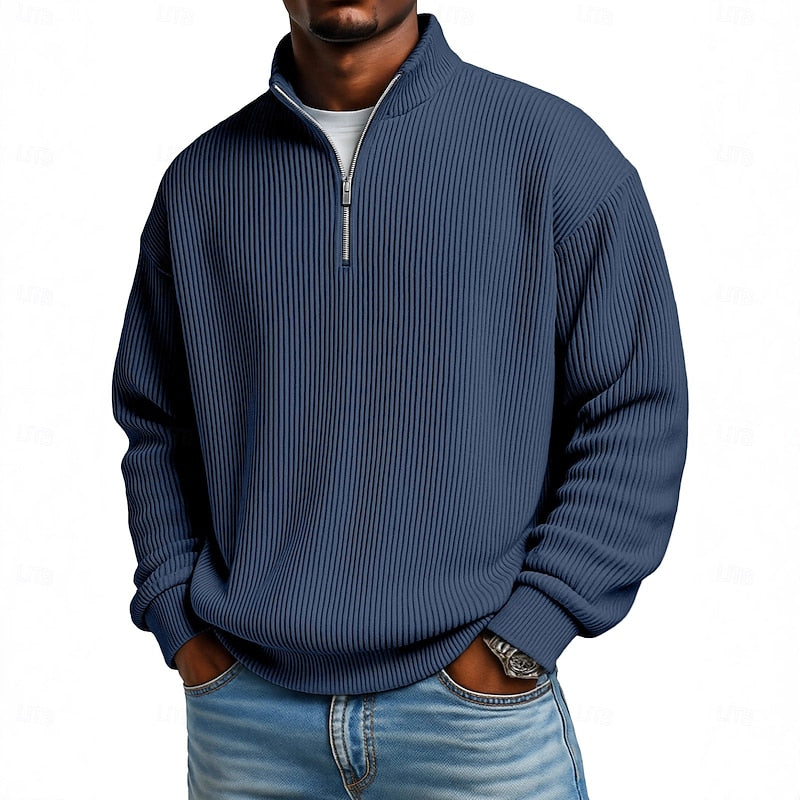 Herr Ribbad Quarter-Zip Pullover in mörkblå, Klassisk Komfort