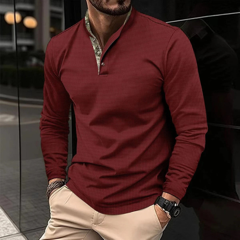Herr Skjorta Henley Långärmad - Klassisk Stil - Röd