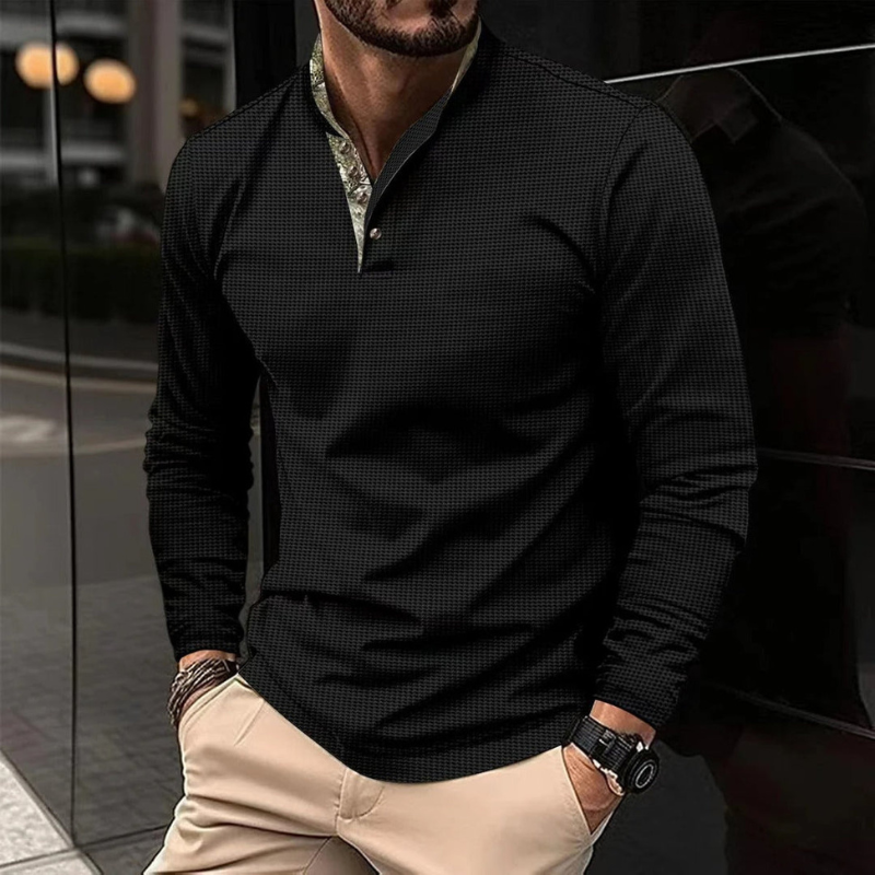 Herr Skjorta Henley Långärmad - Klassisk Stil - Svart