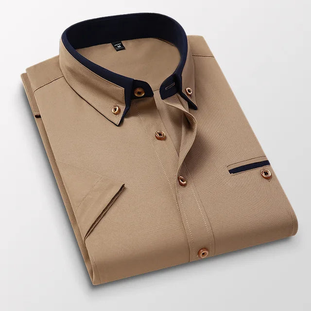 Herr Skjorta Med Knappar - Elegant Sommarskjorta - Khaki