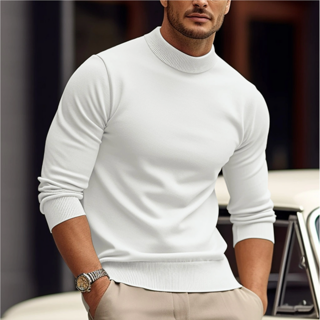 Herr Slim Fit Stickad Tröja - Hög Krage Modern Design - Vit