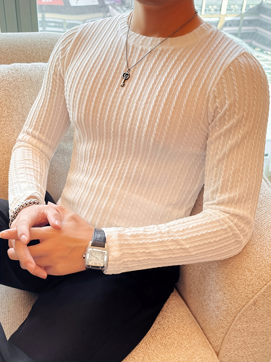 Herr Slim Fit T-shirt Långärmad - Stretch &amp; Höstlook - Vit