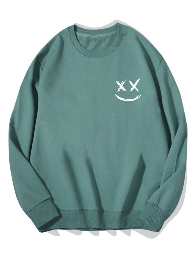 Herr Smiley Tröja in blågrön, Bomullsblandning Relaxed Fit Crew Neck