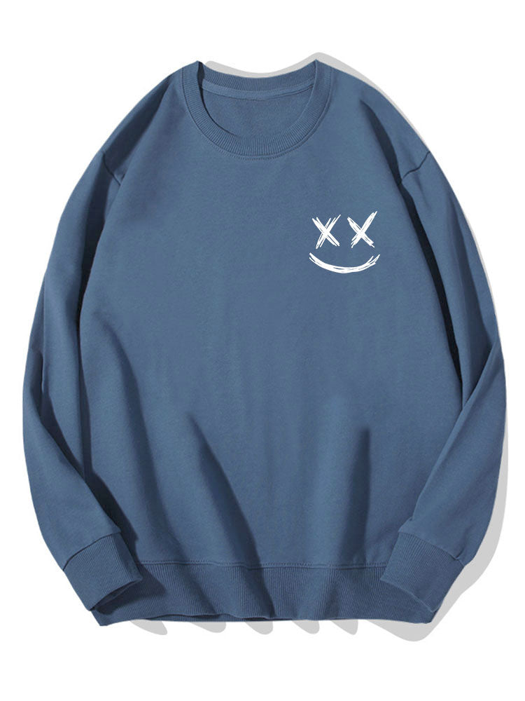 Herr Smiley Tröja in marinblå, Bomullsblandning Relaxed Fit Crew Neck