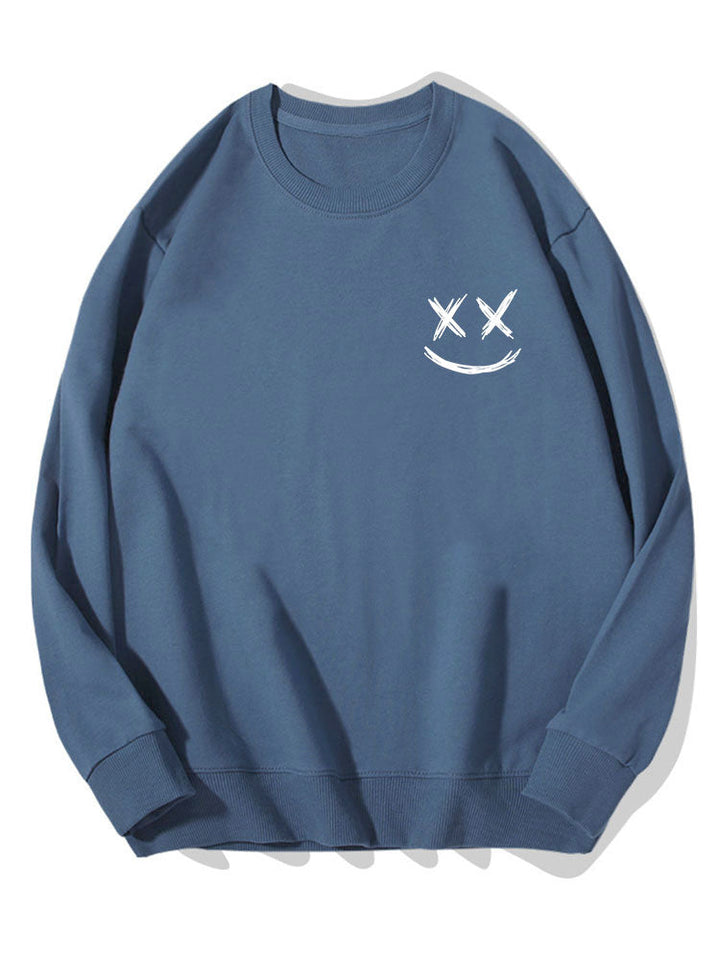 Herr Smiley Tröja in marinblå, Bomullsblandning Relaxed Fit Crew Neck