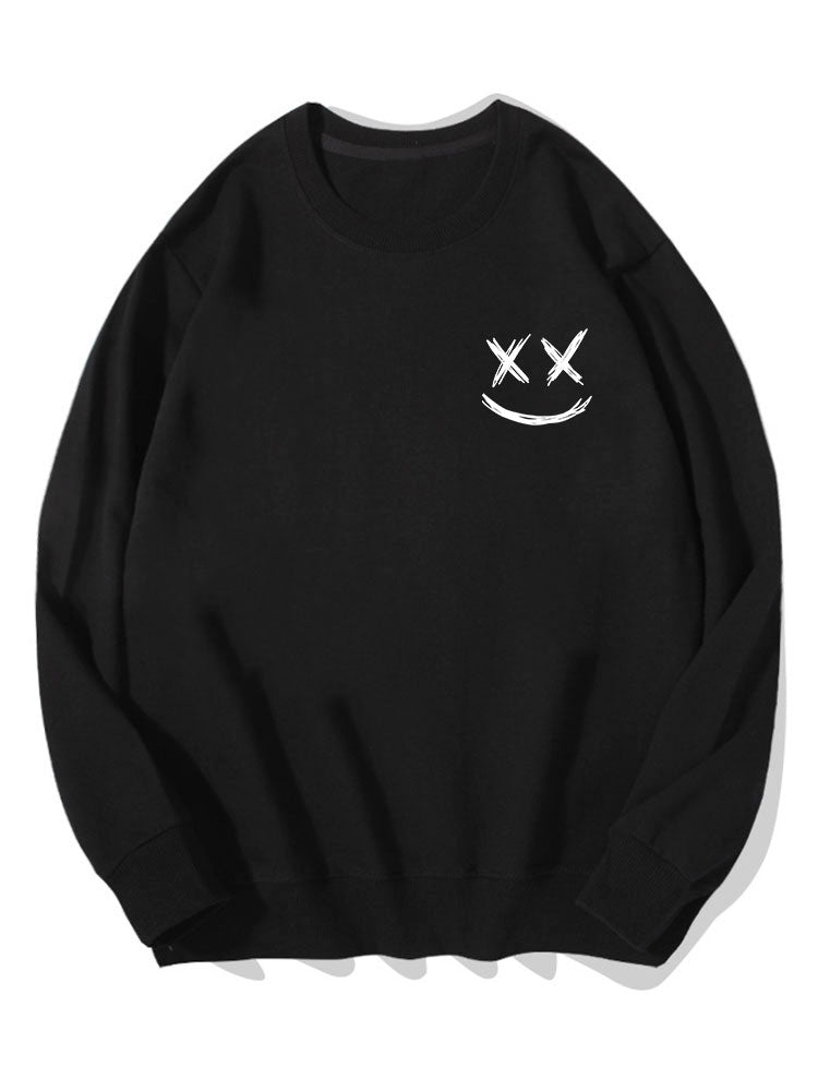 Herr Smiley Tröja in svart, Bomullsblandning Relaxed Fit Crew Neck