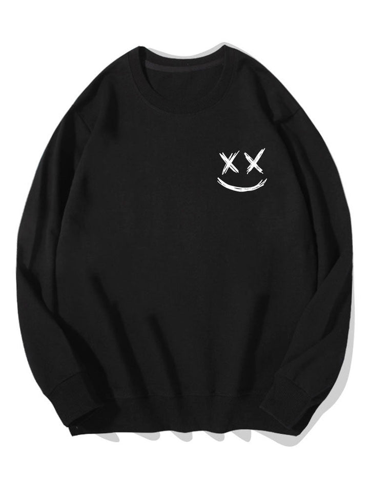 Herr Smiley Tröja in svart, Bomullsblandning Relaxed Fit Crew Neck