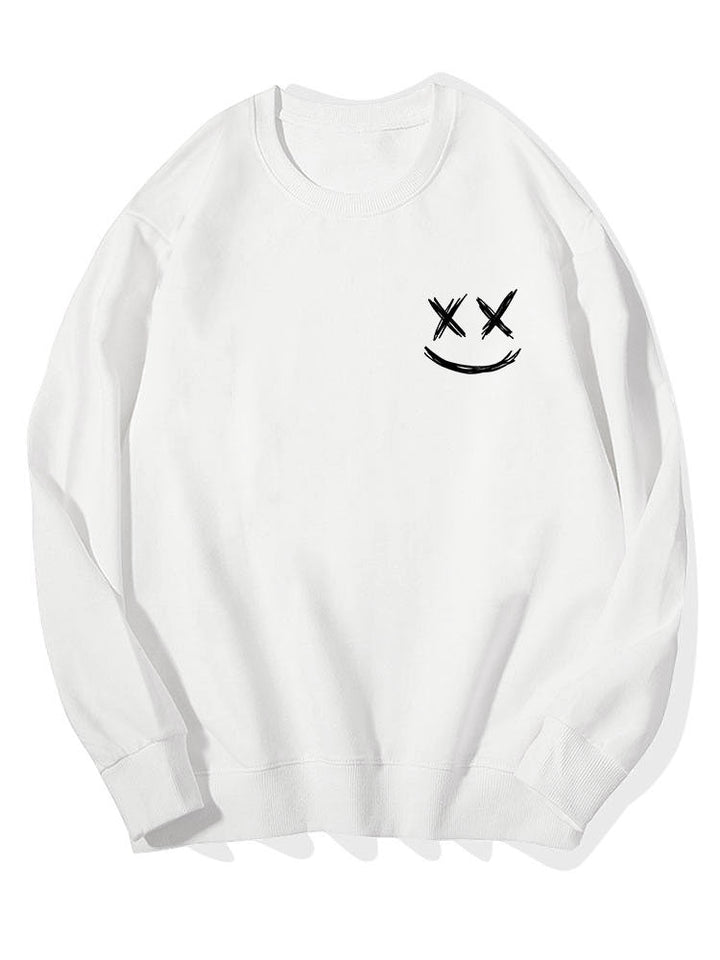 Herr Smiley Tröja in vit, Bomullsblandning Relaxed Fit Crew Neck