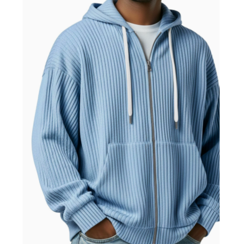 Herr Stickad Cardigan med Huva - Casual Komfort - Blå
