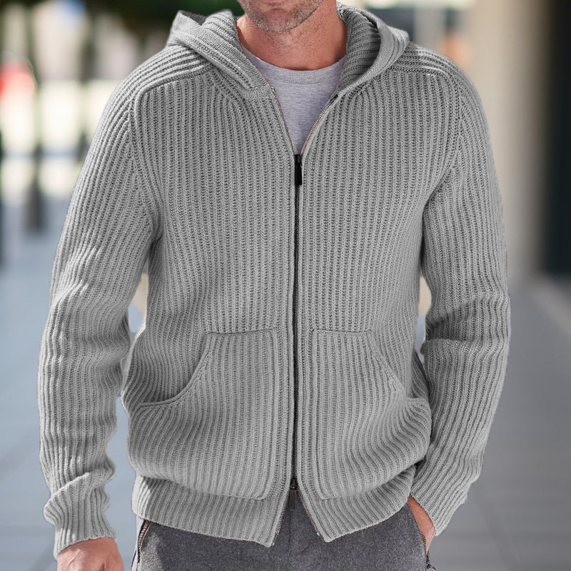 Herr Stickad Cardigan med Huva - Casual Komfort - Grå