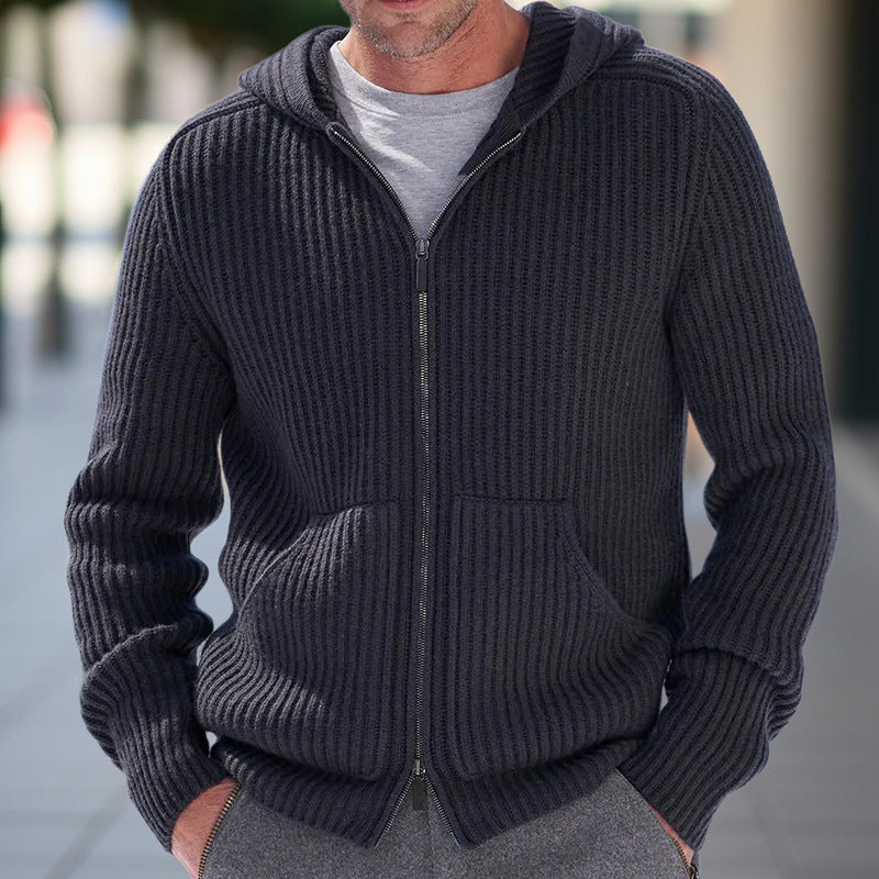 Herr Stickad Cardigan med Huva - Casual Komfort - Svart