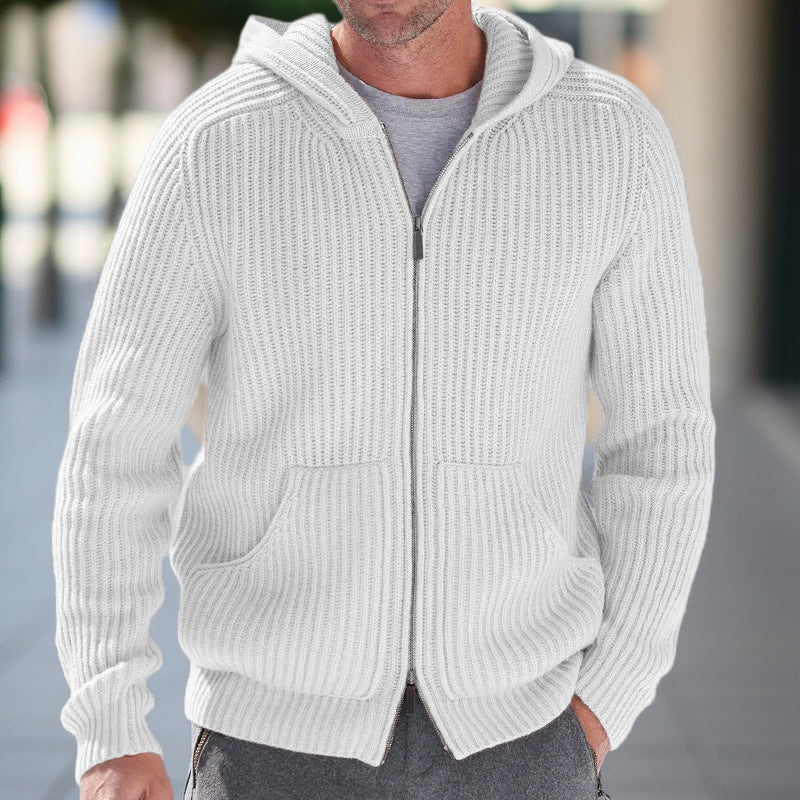 Herr Stickad Cardigan med Huva - Casual Komfort - Vit