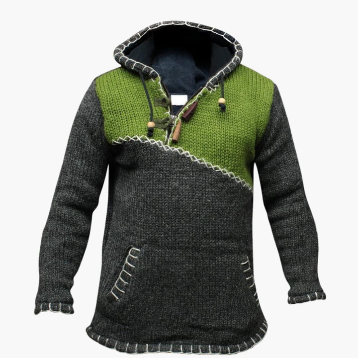 Herr Stickad Hoodie med Känguruficka - Handstickad Design - Grön