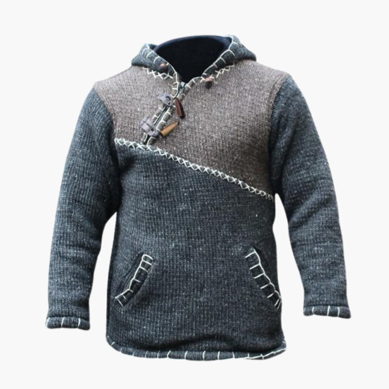 Herr Stickad Hoodie med Känguruficka - Handstickad Design - Grå