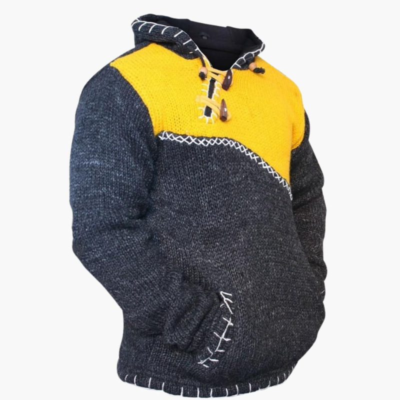 Herr Stickad Hoodie med Känguruficka - Handstickad Design - Gul