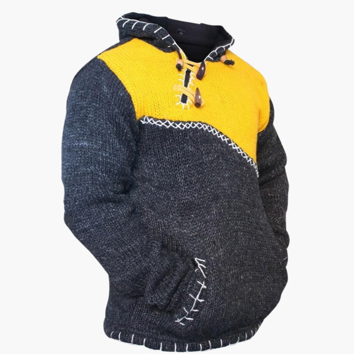 Herr Stickad Hoodie med Känguruficka - Handstickad Design - Gul
