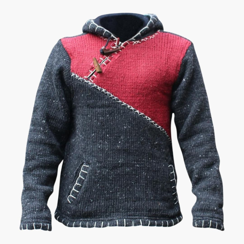 Herr Stickad Hoodie med Känguruficka - Handstickad Design - Röd