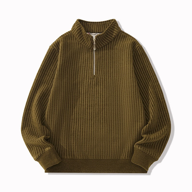 Herr Stickad Tröja med Kvartsblixtlås - Klassisk Stil - Khaki