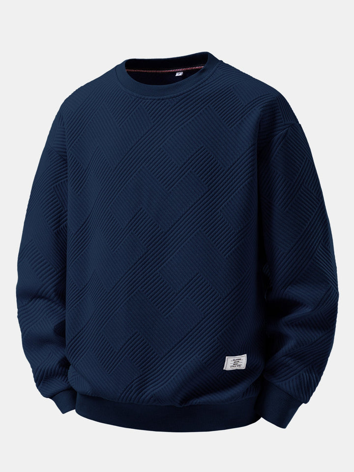 Herr Strukturerad Jacquard Crew Neck Sweatshirt – Avslappnad Passform - Marinblå