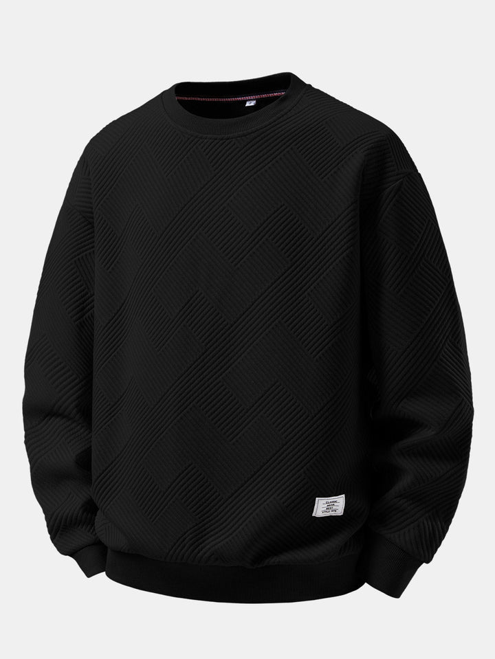 Herr Strukturerad Jacquard Crew Neck Sweatshirt – Avslappnad Passform - Svart