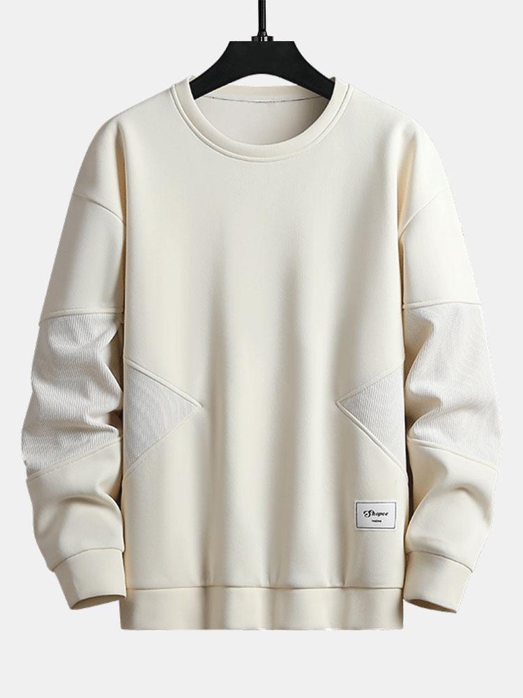 Herr Strukturerad Patchwork Crew Neck Sweatshirt in beige, Avslappnad Passform