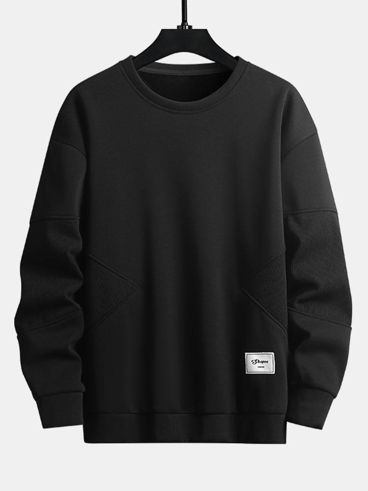 Herr Strukturerad Patchwork Crew Neck Sweatshirt in svart, Avslappnad Passform