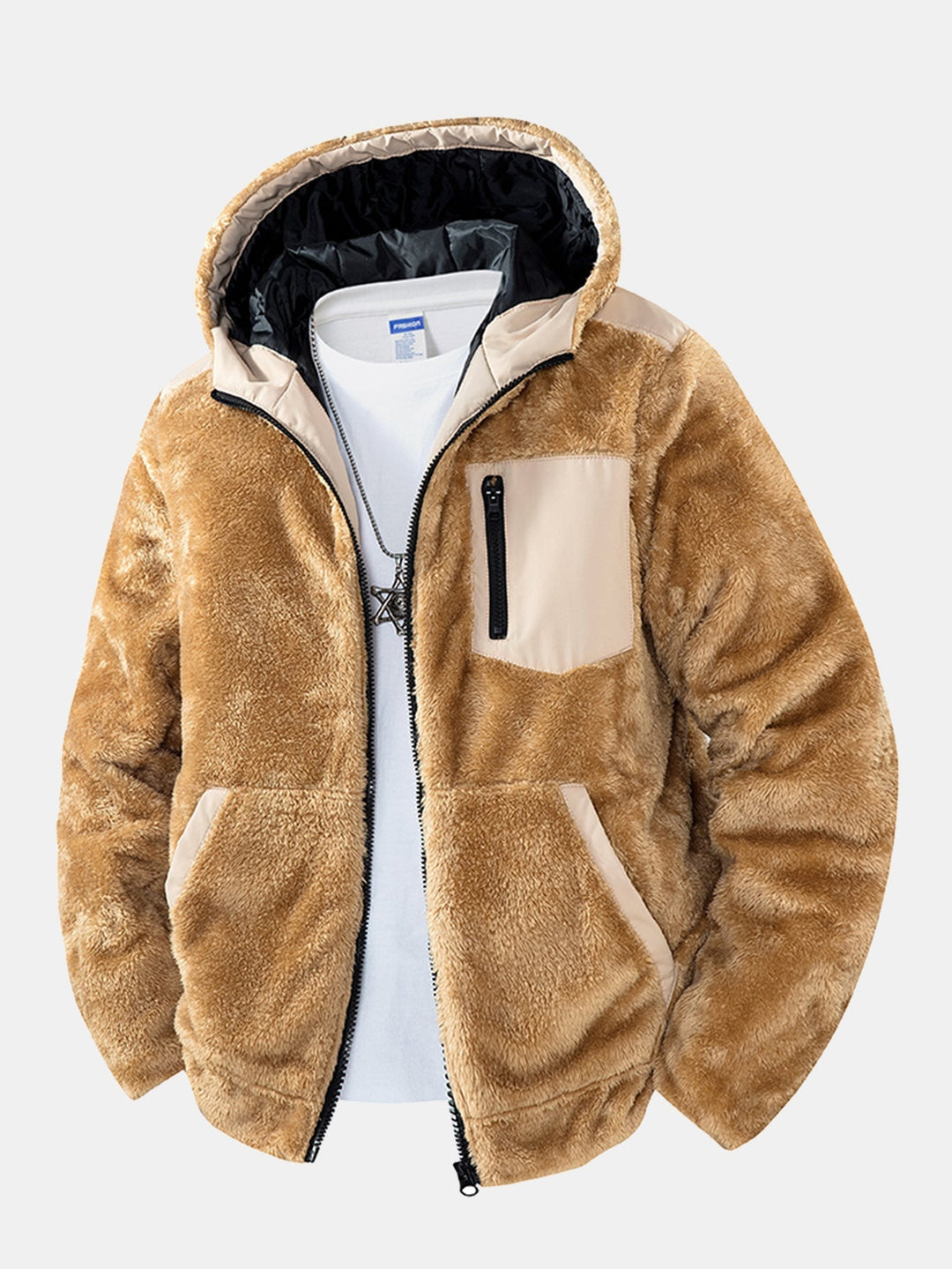 Herr Teddy Fleece Hoodie Jacka in ljusbrun, Mysig Varm Casual