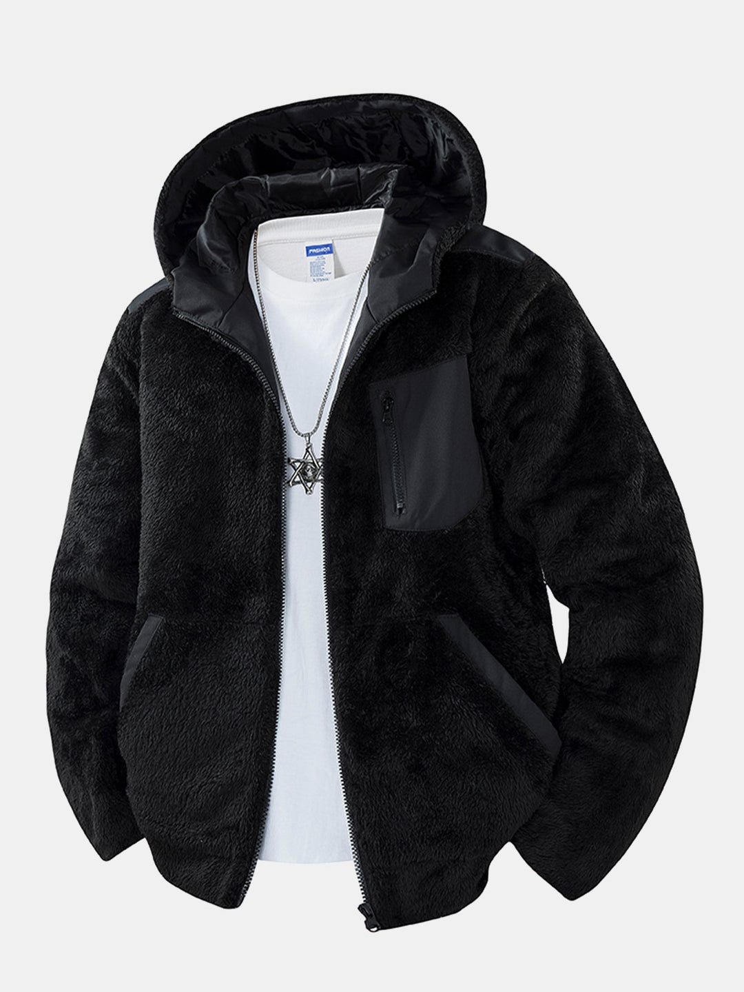 Herr Teddy Fleece Hoodie Jacka in svart, Mysig Varm Casual