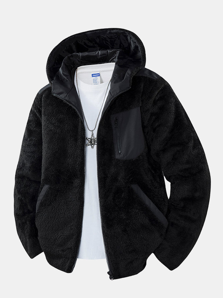 Herr Teddy Fleece Hoodie Jacka in svart, Mysig Varm Casual