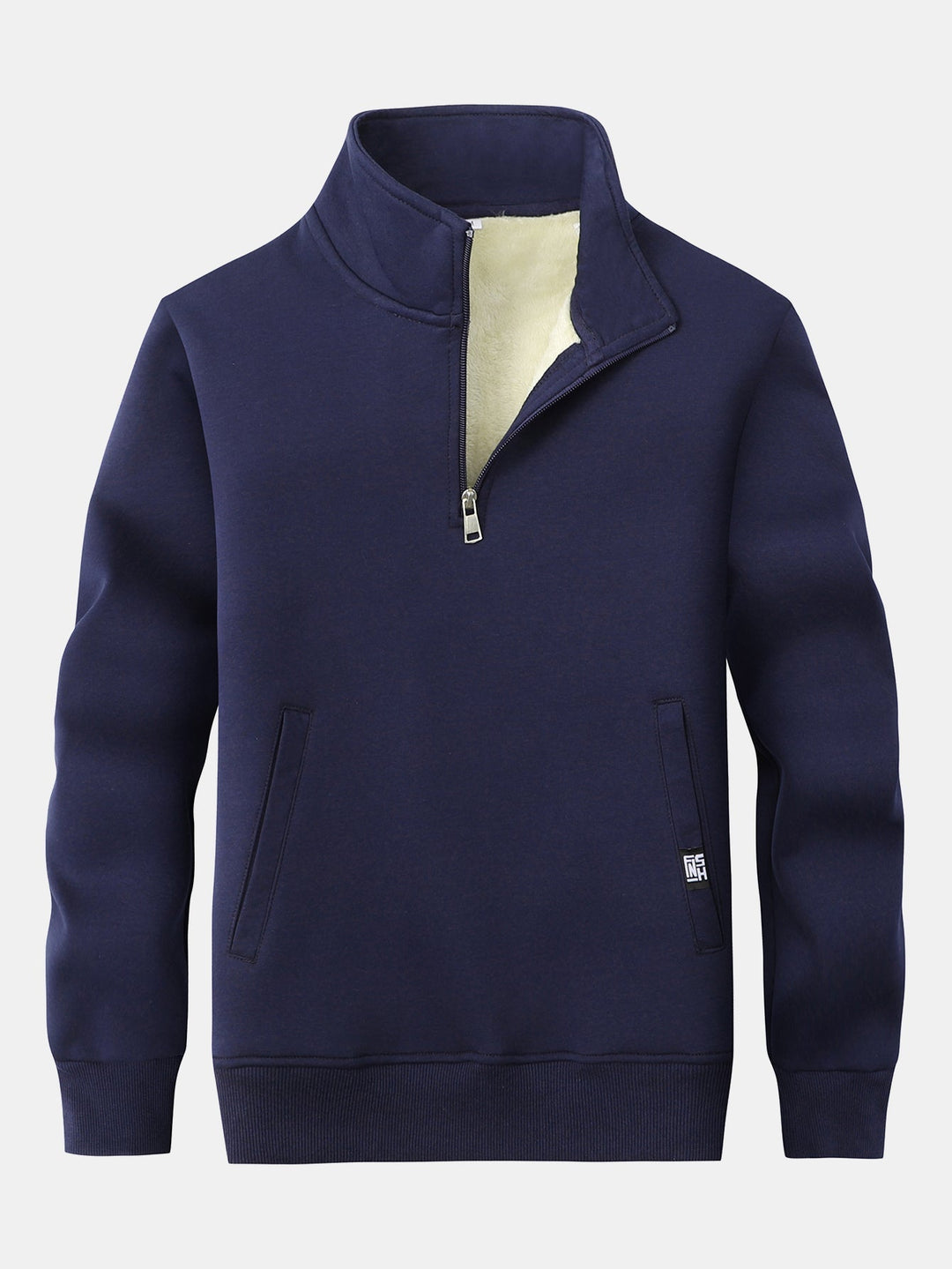 Herr Teddy Fleece Sweatshirt med Dragkedja – Varm Bomullsblandning - Marinblå