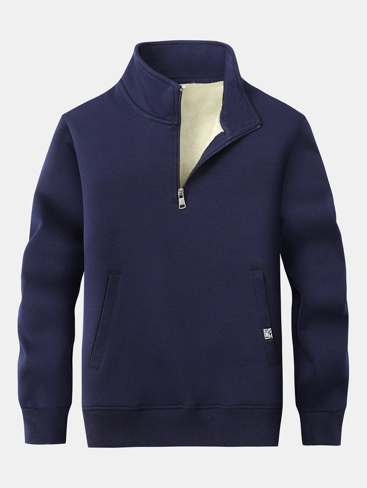 Herr Teddy Fleece Sweatshirt med Dragkedja – Varm Bomullsblandning - Marinblå