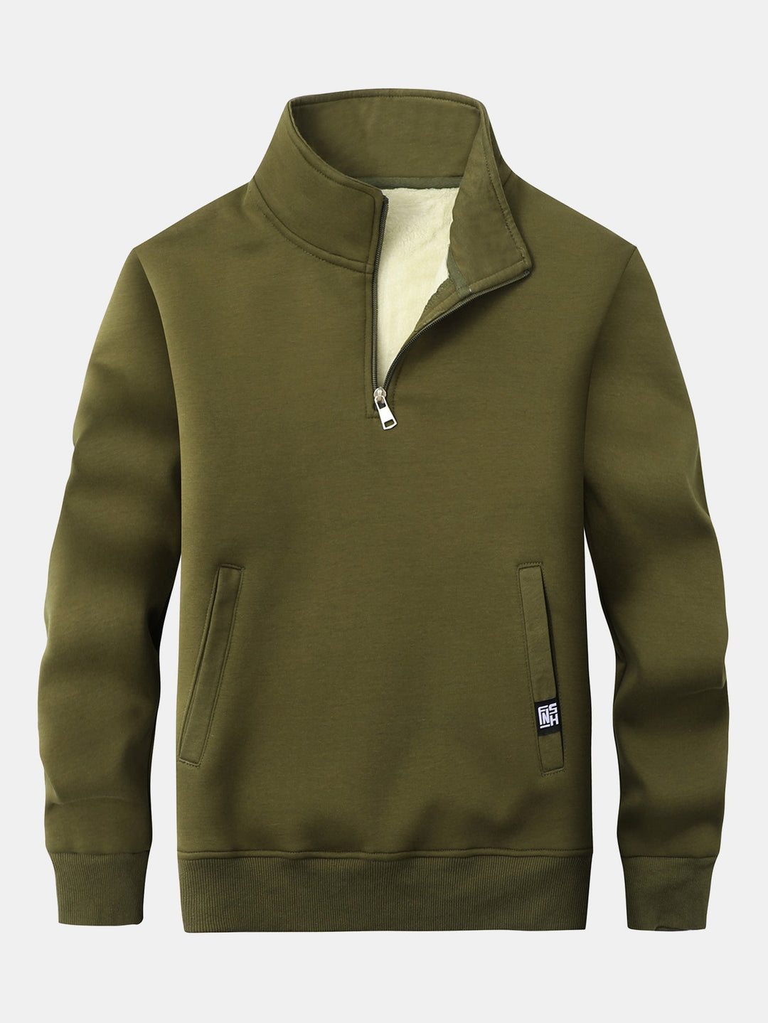 Herr Teddy Fleece Sweatshirt med Dragkedja – Varm Bomullsblandning - Olivgrön