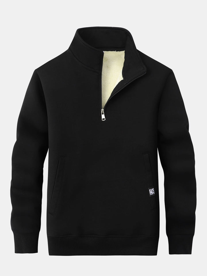 Herr Teddy Fleece Sweatshirt med Dragkedja – Varm Bomullsblandning - Svart