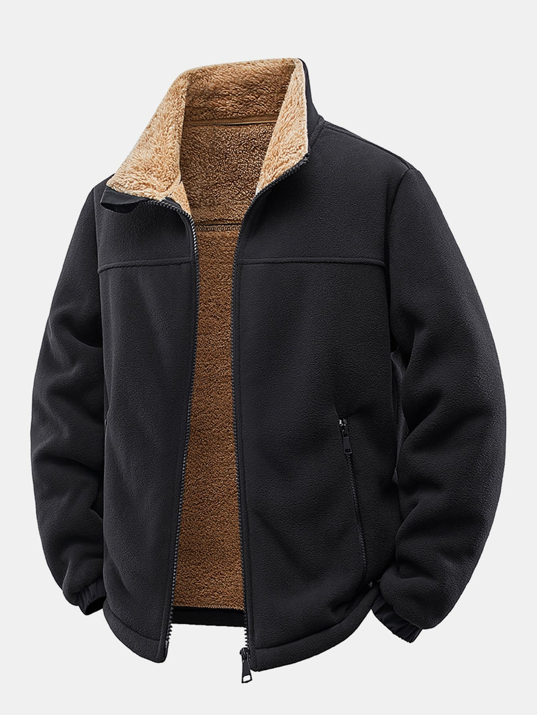 Herr Teddy-Fodrad Polarfleece Jacka in svart, Avslappnad Passform