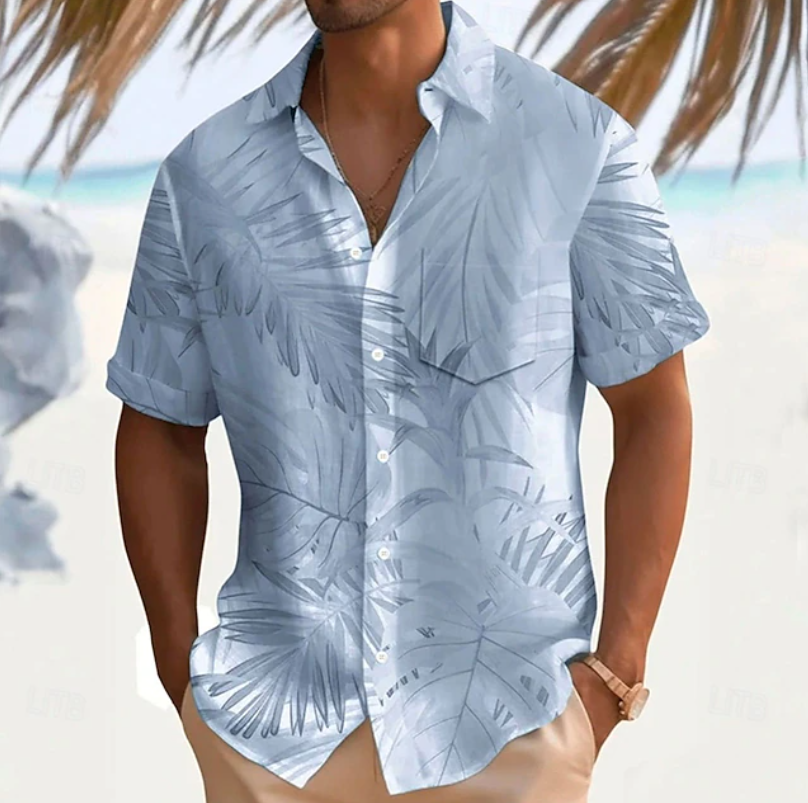 Herr Tropical Print Kortärmad Skjorta in blå, Klassisk Sommarstil