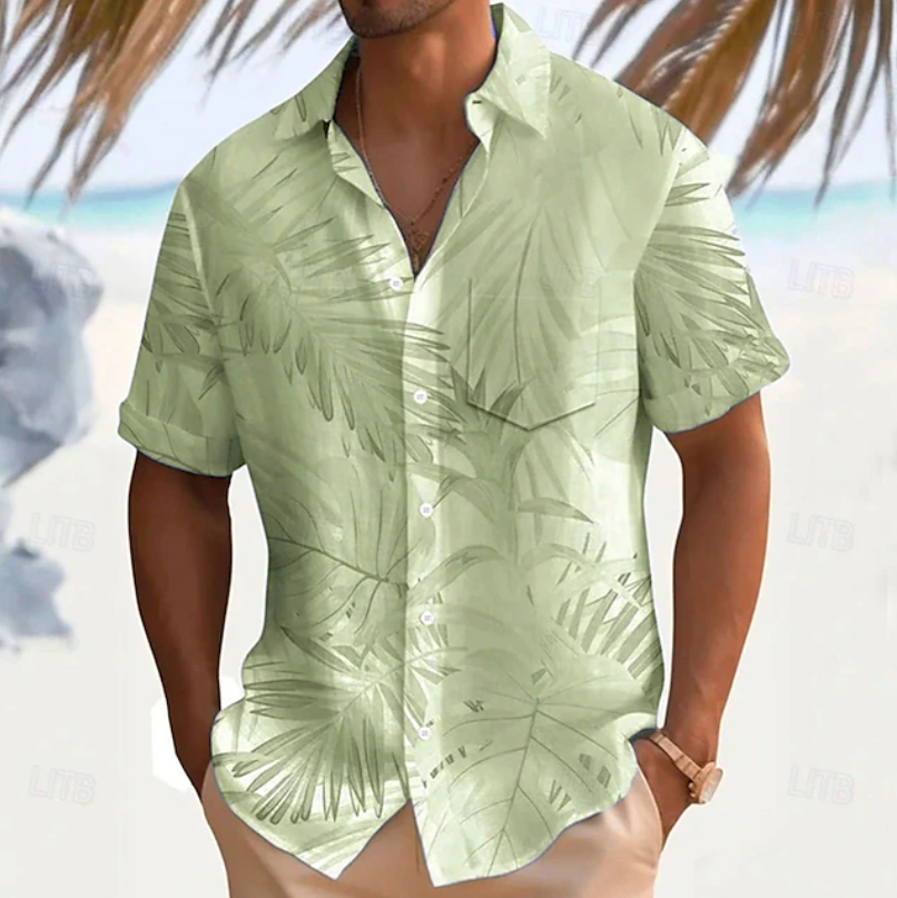Herr Tropical Print Kortärmad Skjorta in grön, Klassisk Sommarstil