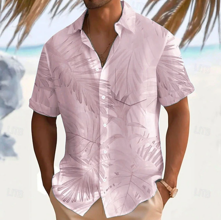 Herr Tropical Print Kortärmad Skjorta in rosa, Klassisk Sommarstil