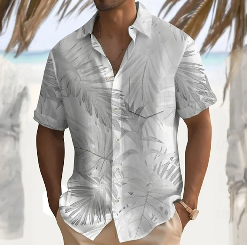 Herr Tropical Print Kortärmad Skjorta in vit, Klassisk Sommarstil