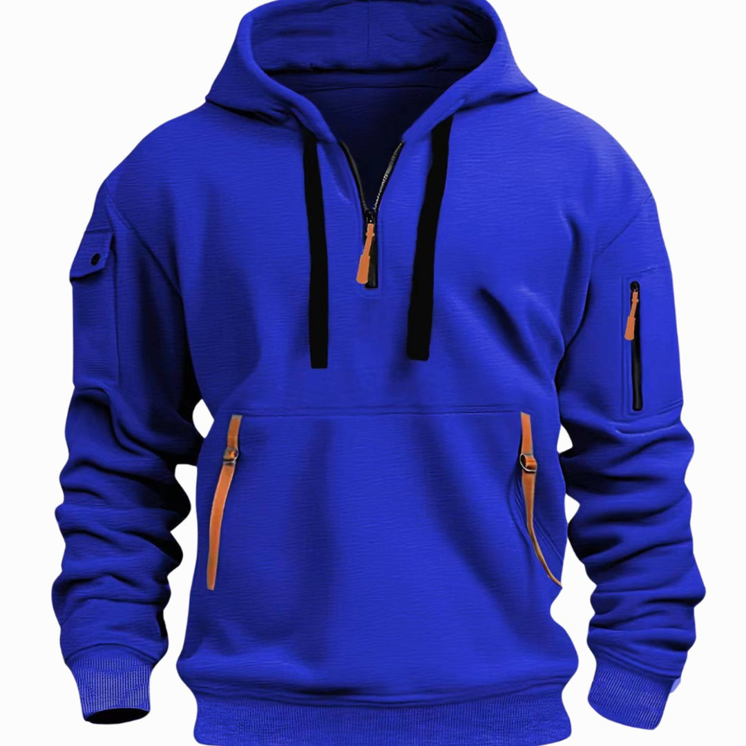 Herr Utility-Pocket Quarter-Zip Hoodie in blå, Arbetsstil