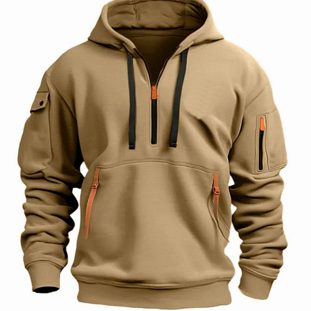 Herr Utility-Pocket Quarter-Zip Hoodie in khaki, Arbetsstil