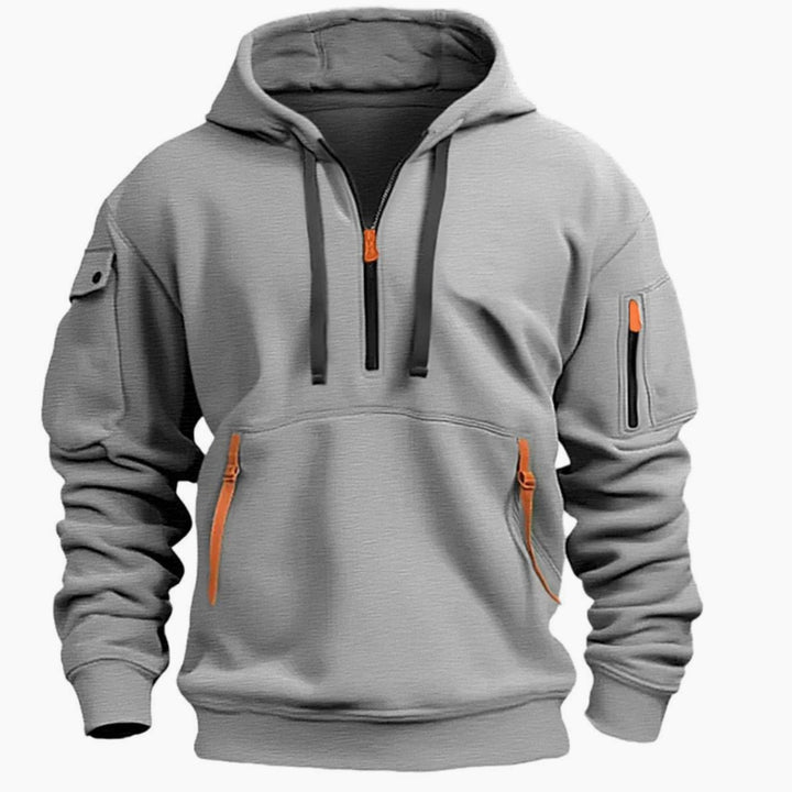 Herr Utility-Pocket Quarter-Zip Hoodie in ljusgrå, Arbetsstil