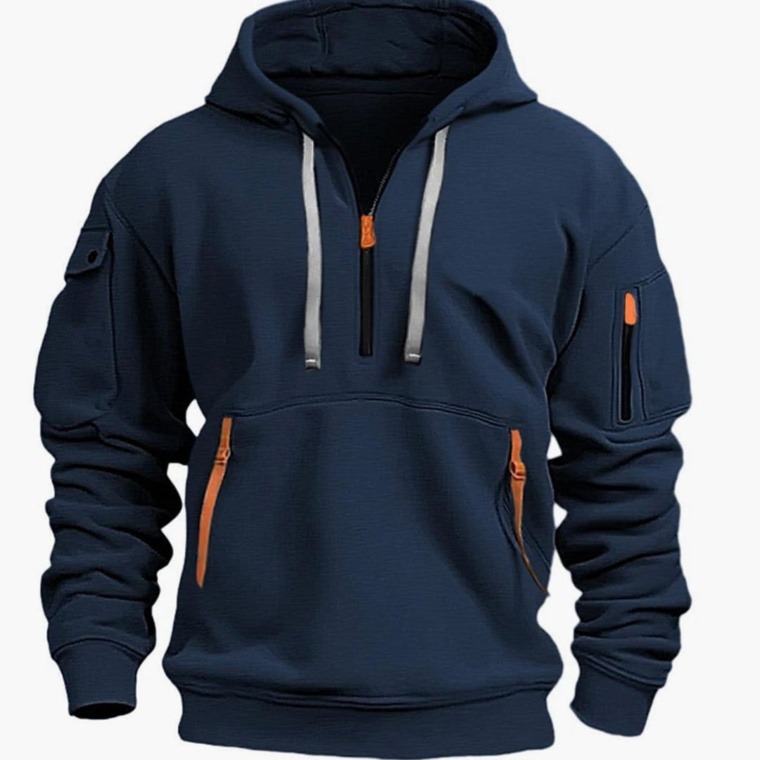 Herr Utility-Pocket Quarter-Zip Hoodie in mörkblå, Arbetsstil