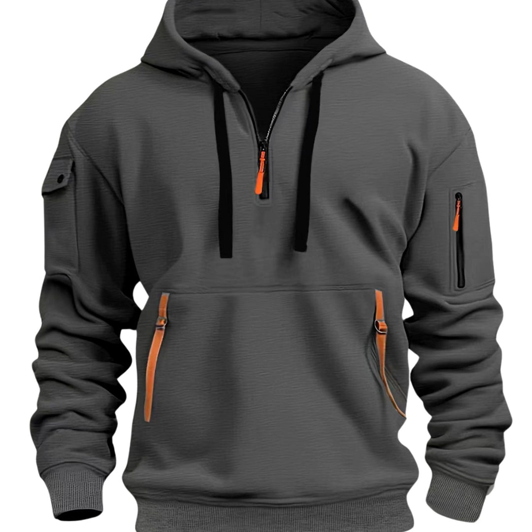 Herr Utility-Pocket Quarter-Zip Hoodie in mörkgrå, Arbetsstil