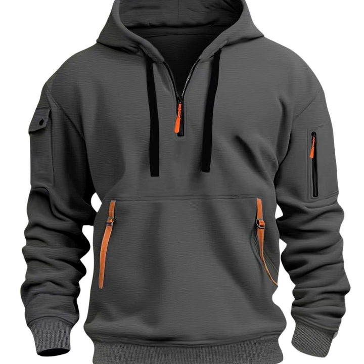 Herr Utility-Pocket Quarter-Zip Hoodie in mörkgrå, Arbetsstil