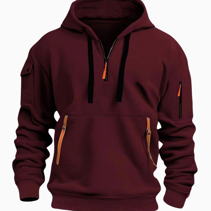 Herr Utility-Pocket Quarter-Zip Hoodie in röd, Arbetsstil