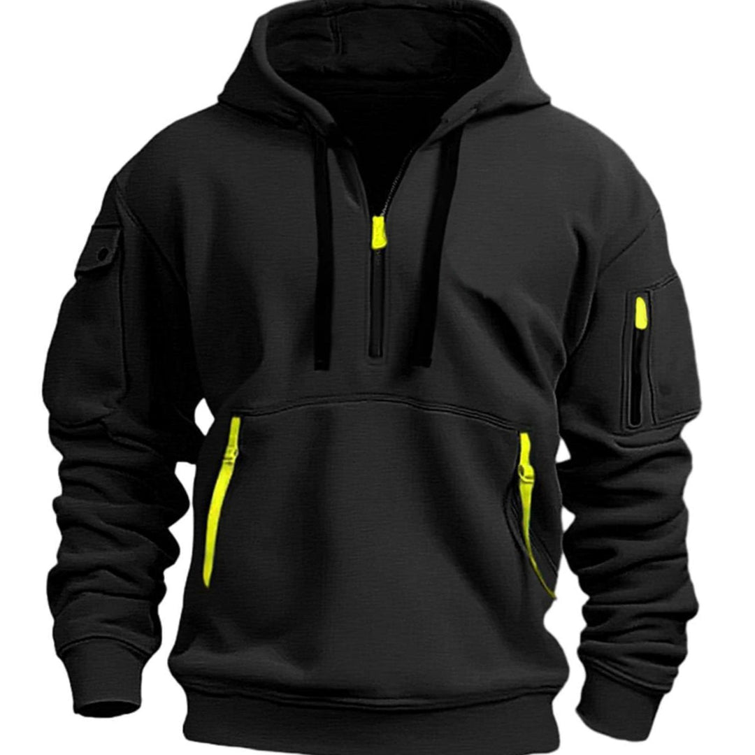 Herr Utility-Pocket Quarter-Zip Hoodie in svart, Arbetsstil
