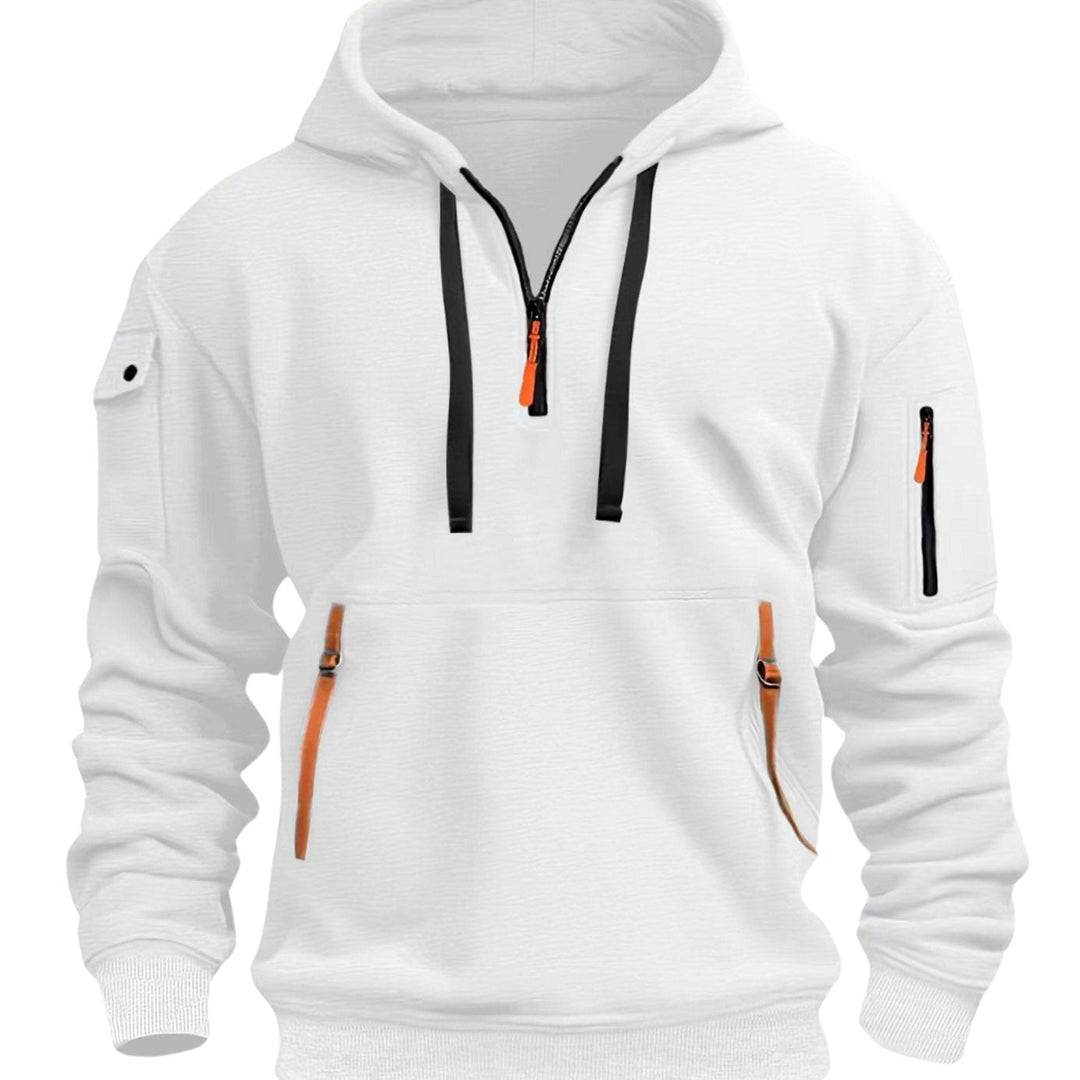 Herr Utility-Pocket Quarter-Zip Hoodie in vit, Arbetsstil
