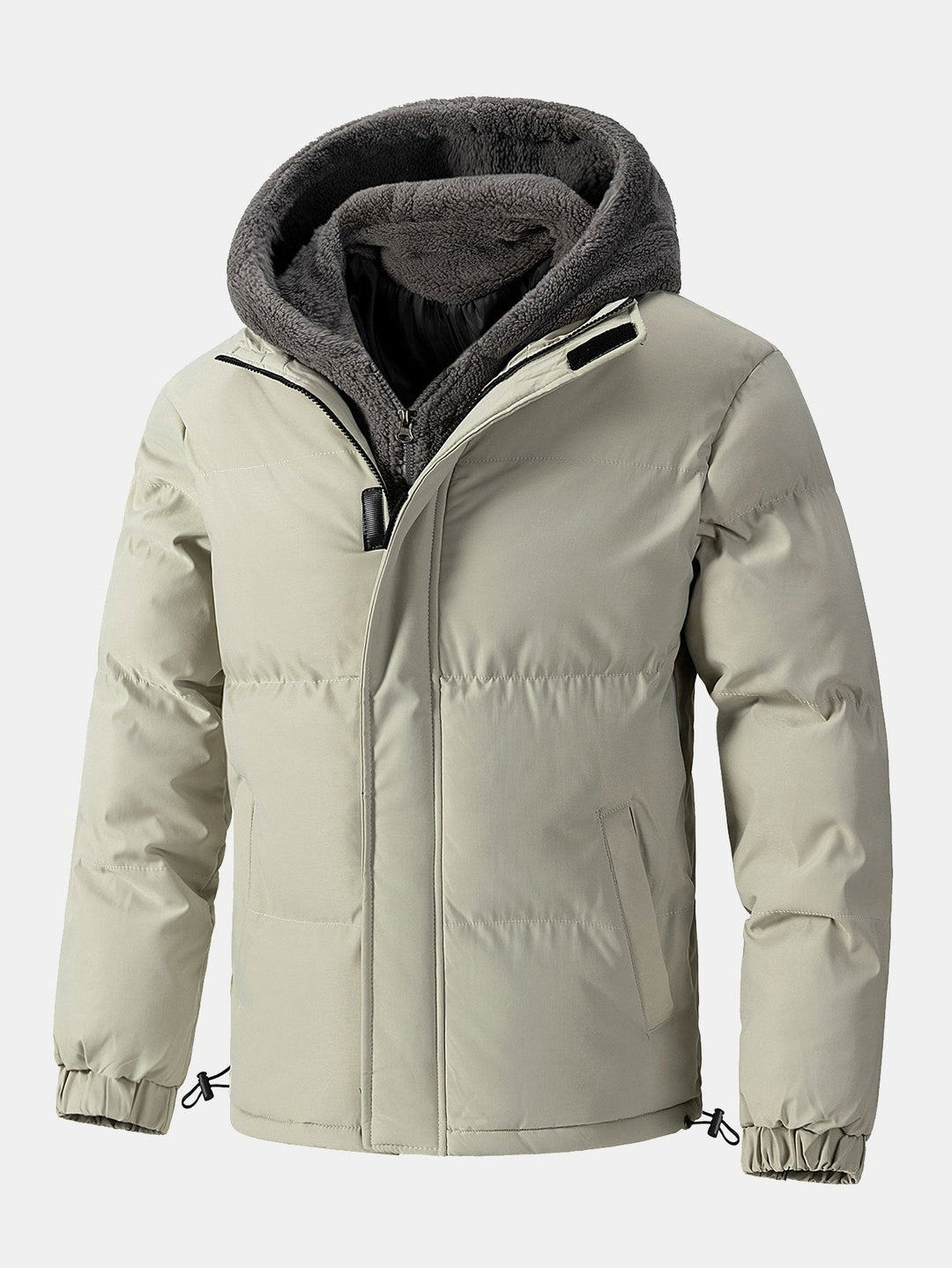 Herr Vadderad Pufferjacka med Huva – Teddy Fleece Fodrad Vinterkappa - Beige